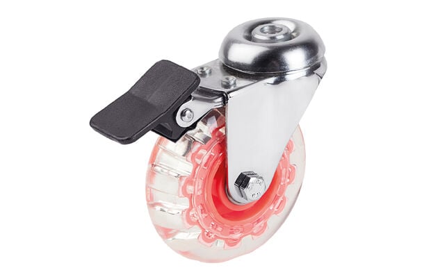 HoReCa Tekerlekleri - 75 *25 mm Boş Geçme Bağlantılı Şeffaf Makaralı Kırmızı Frenli Teker